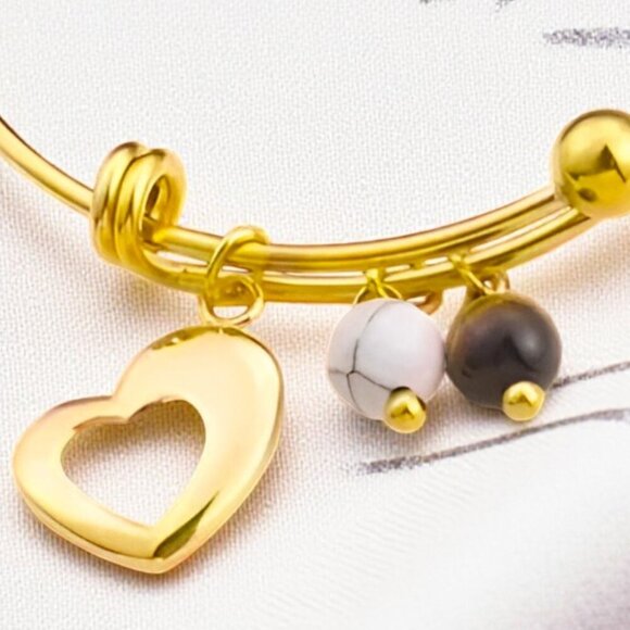 🆕️18K Gold Plated LARGE Boho Bangle with Heart Tiger's Eye & Magnesite Charms ✨ - Picture 6 of 11